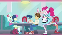 Size: 1920x1080 | Tagged: safe, derpibooru import, screencap, bon bon, curly winds, frosty orange, lyra heartstrings, pinkie pie, some blue guy, sweetie drops, wiz kid, coinky-dink world, eqg summertime shorts, equestria girls, adorabon, background human, clothes, converse, cute, diner, gay, lyrabetes, male, roller skates, server pinkie pie, shipping, shoes, sneakers, wizwinds