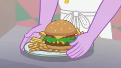 Size: 1920x1080 | Tagged: safe, derpibooru import, screencap, coinky-dink world, eqg summertime shorts, equestria girls, apron, burger, cheeseburger, clothes, diner uniform, food, french fries, greasy joe, hamburger, male, meat, plate