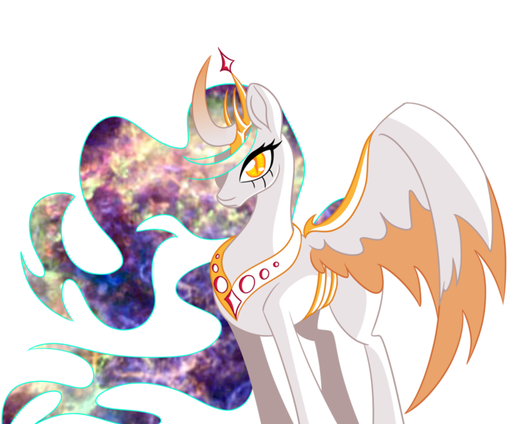 Size: 1280x1024 | Tagged: safe, artist:puddingskinmcgee, derpibooru import, princess celestia, alicorn, pony, alternate eye color, crown, curved horn, ethereal mane, female, galaxy mane, gradient horn, hair over one eye, horn, jewelry, mare, newbie artist training grounds, redesign, regalia, simple background, slit eyes, solo, transparent background, two toned wings, wings