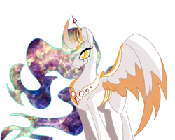 Size: 1280x1024 | Tagged: safe, artist:puddingskinmcgee, derpibooru import, princess celestia, alicorn, pony, alternate eye color, crown, curved horn, ethereal mane, female, galaxy mane, gradient horn, hair over one eye, horn, jewelry, mare, newbie artist training grounds, redesign, regalia, simple background, slit eyes, solo, transparent background, two toned wings, wings