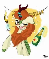 Size: 2100x2500 | Tagged: artist:brekrofmadness, autumn blaze, champagne, cider, derpibooru import, drunk, drunk bubbles, drunk kirin, female, happy new year, holiday, kirin, magic, open mouth, raised hoof, safe, solo, sounds of silence