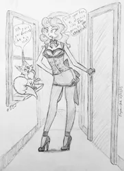 Size: 2141x2965 | Tagged: artist:floofyfoxcomics, clothes, derpibooru import, fennec fox, fox, high heels, human, humanized, miniskirt, monochrome, oc, oc:autumn science, pantyhose, safe, shoes, side slit, skirt, socks, stockings, thigh highs, traditional art