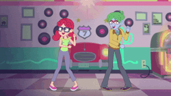 Size: 800x450 | Tagged: safe, derpibooru import, screencap, alizarin bubblegum, celery stalk, coinky-dink world, eqg summertime shorts, equestria girls, alizary, animated, background human, clothes, dancing, female, gif, glasses, jukebox, male, pants, shipping, shoes, smiling, straight