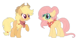 Size: 925x465 | Tagged: safe, artist:bezziie, derpibooru import, applejack, fluttershy, pony, alternate hairstyle, base used, glasses, older, scar, simple background, transparent background