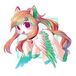 Size: 2000x2000 | Tagged: safe, artist:leafywind, derpibooru import, oc, unofficial characters only, pegasus, pony, abstract background, colored hooves, colored pupils, colored wings, colored wingtips, commission, cute, cute little fangs, fangs, female, flying, hairband, hairpin, jewelry, looking at you, mare, ocbetes, open mouth, pendant, smiling, solo, spread wings, starry eyes, tail band, wingding eyes, wings