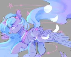 Size: 2500x2000 | Tagged: safe, artist:leafywind, derpibooru import, princess luna, alicorn, pony, crown, female, flying, gray background, jewelry, mare, moon, open mouth, regalia, simple background, sketch, smiling, solo, spread wings, stars, wings