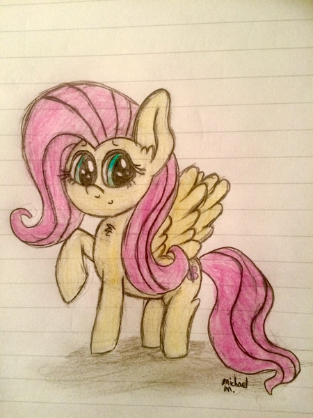 Size: 2448x3264 | Tagged: safe, artist:michaelmaddox222, deleted from derpibooru, derpibooru import, fluttershy, pegasus, pony, chest fluff, colored, female, lineart, lined paper, looking at you, pose, signature, solo, traditional art