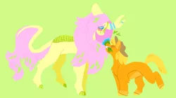 Size: 1280x719 | Tagged: safe, artist:comfortdoodles, derpibooru import, applejack, fluttershy, earth pony, kirin, pony, appleshybomb, appleshy, blushing, female, flower, kirinified, lesbian, shipping, simple background, smiling, species swap