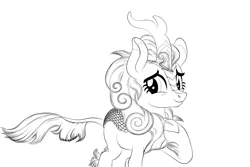 Size: 3000x2000 | Tagged: artist:vasillium, autumn blaze, black and white, derpibooru import, ears up, female, grayscale, happy, high res, hoof on chest, horn, kirin, looking, monochrome, nostrils, one hoof raised, safe, season 8, simple background, smiling, solo, sounds of silence, spoiler:s08, standing, tail, transparent background