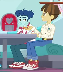 Size: 618x708 | Tagged: safe, derpibooru import, screencap, curly winds, some blue guy, wiz kid, coinky-dink world, eqg summertime shorts, equestria girls, background human, clothes, converse, cropped, gay, male, pants, shipping, shoes, smiling, sneakers, wizwinds