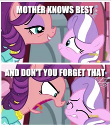 Size: 639x721 | Tagged: safe, derpibooru import, edit, edited screencap, screencap, diamond tiara, spoiled rich, earth pony, pony, crusaders of the lost mark, abuse, bad parenting, bags under eyes, caption, equestria's worst mother, image macro, spoiled bitch, text, tiarabuse