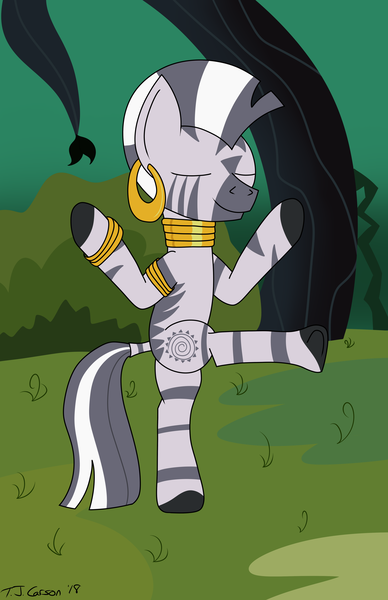 Size: 3300x5100 | Tagged: artist:toonboy92484, bipedal, cute, derpibooru import, eyes closed, forest, meditating, safe, solo, standing, standing on one leg, zecora, zecorable