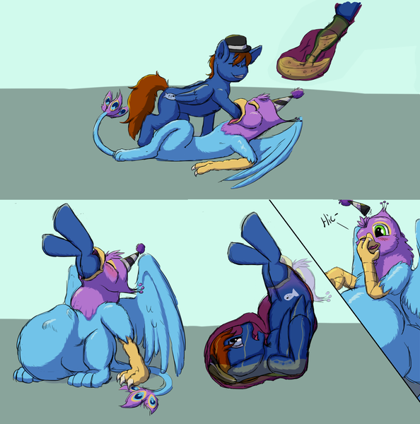 Size: 2159x2182 | Tagged: questionable, artist:gyrotech, artist:silent-e, color edit, deleted from derpibooru, derpibooru import, edit, oc, oc:gyro feather, oc:gyro tech, oc:seaward skies, gryphon, alcohol, blushing, bottle, colored, crop (organ), fetish, food chain, force feeding, griffonized, griffons doing griffon things, hat, hiccup, imminent vore, internal, monochrome, party hat, predator, prey, sketch, species swap, vore
