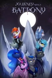 Size: 2160x3240 | Tagged: safe, artist:doekitty, derpibooru import, princess luna, twilight sparkle, twilight sparkle (alicorn), oc, oc:azure mist (gulheru), oc:midnight eye, oc:midnight wind, oc:moonwarden, oc:rowan berry, oc:sunfall ordain, alicorn, bat pony, pony, fanfic, fanfic:journey with a batpony, bat pony oc, bat wings, commission, fanfic art, fanfic cover, female, full moon, male, mare, moon, mountain, smiling, stallion, wings