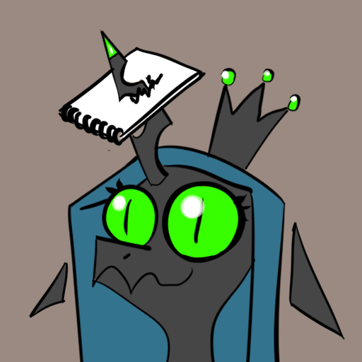 Size: 512x512 | Tagged: artist:chrysalisdraws, bust, changeling, changeling queen, crown, derpibooru import, fangs, female, floating ears, floppy ears, gray background, horn, horn impalement, jewelry, notepad, queen chrysalis, regalia, safe, simple background, slit eyes, smiling, solo, source needed, useless source url, wavy mouth