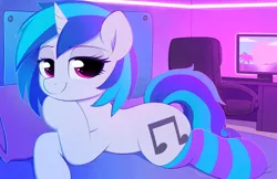 Size: 4000x2588 | Tagged: safe, artist:moozua, derpibooru import, vinyl scratch, pony, unicorn, clothes, computer mouse, female, keyboard, lidded eyes, mare, monitor, socks, solo, striped socks