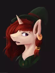 Size: 1280x1679 | Tagged: safe, artist:lilac, derpibooru import, oc, unofficial characters only, pony, unicorn, bust, ear piercing, earring, hat, jewelry, piercing, portrait, red mane, solo, witch hat