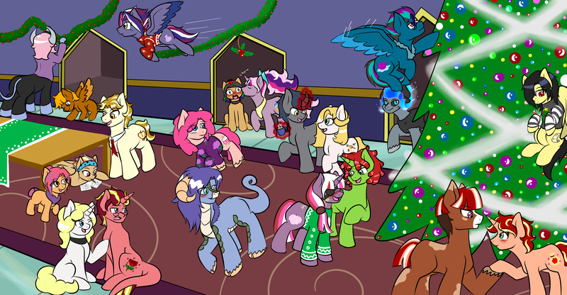 Size: 4900x2550 | Tagged: safe, artist:jolliapplegirl, derpibooru import, oc, oc:acheron, oc:capoeira, oc:chocolate cheesecake, oc:cinnamon apple, oc:crescent moonstone, oc:daydreamer, oc:diopside, oc:epic rhyme, oc:hazy sky, oc:honey brie, oc:lapis hondo lazuli, oc:marigold, oc:matcha mint tea, oc:nova c. flare, oc:parfait, oc:rose red, oc:sea holly, oc:sirius veil, oc:sweet deal, oc:tranquil spring, oc:victor, unofficial characters only, centaur, earth pony, hybrid, pegasus, pony, siren, unicorn, adopted offspring, disguise, disguised changeling, disguised siren, female, hearth's warming eve, interspecies offspring, magical lesbian spawn, male, next generation, offspring, parent:adagio dazzle, parent:apple bloom, parent:applejack, parent:cheese sandwich, parent:fancypants, parent:flim, parent:fluttershy, parent:iron will, parent:kevin, parent:king sombra, parent:lord tirek, parent:pinkie pie, parent:princess celestia, parent:princess ember, parent:quibble pants, parent:rainbow dash, parent:rarity, parent:scootaloo, parent:sunset shimmer, parent:tempest shadow, parent:tender taps, parent:tree hugger, parent:trenderhoof, parent:twilight sparkle, parents:cheesepie, parents:flimjack, parents:ironshy, parents:quibbledash, parents:raripants, parents:sombrashy, parents:sombrawill, parents:sunsagio, parents:tempestlight, parents:trendhugger, parents:twilestia, tree