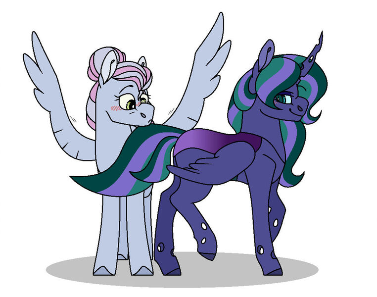 Size: 1024x806 | Tagged: artist:echabi, changepony, derpibooru import, female, hybrid, interspecies offspring, kindverse, lesbian, magical lesbian spawn, oc, oc:firefly, oc:turquoise edge, offspring, offspring shipping, parent:limestone pie, parent:princess luna, parent:queen chrysalis, parents:chrysaluna, parents:zephyrstone, parent:zephyr breeze, safe