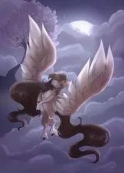 Size: 2460x3410 | Tagged: safe, artist:shadow-nights, derpibooru import, oc, oc:astralia, unofficial characters only, pegasus, pony, commission, female, flying, large wings, mare, moon, night, solo, tree, wings