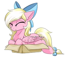 Size: 3049x2520 | Tagged: safe, artist:asklevee, artist:kxttponies, derpibooru import, oc, oc:bay breeze, unofficial characters only, pegasus, pony, behaving like a cat, bow, box, commission, cute, ear fluff, eyes closed, female, hair bow, if i fits i sits, mare, ocbetes, pony in a box, simple background, solo, tail bow, transparent background, ych result