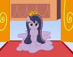 Size: 4268x3322 | Tagged: safe, artist:badumsquish, derpibooru import, mean twilight sparkle, goo, goo pony, original species, series:equestria and the world, the mean 6, alternate hairstyle, clone, crown, disguise, doorway, female, headdress, jewelry, monster mare, palace, princess, regalia, show accurate, smiling, smirk, solo, species swap