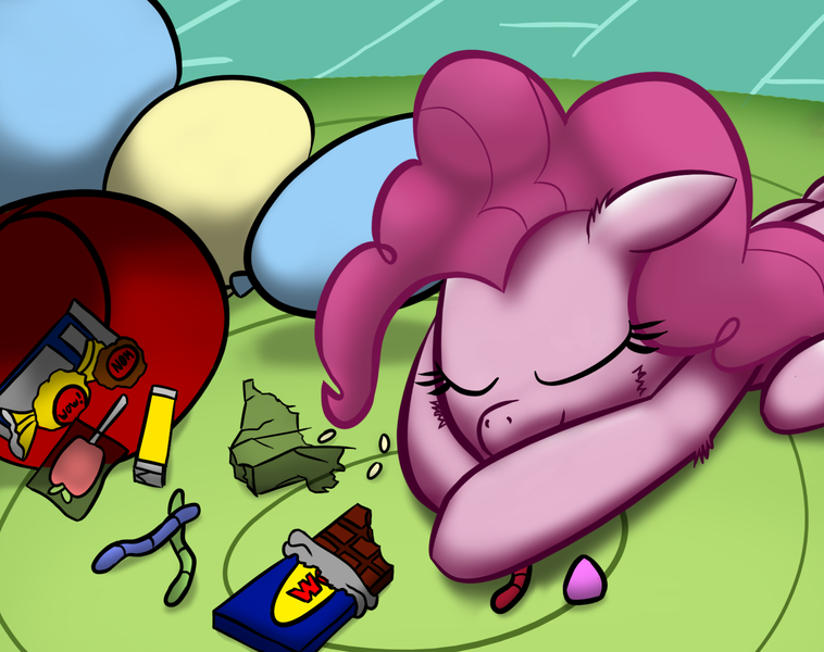 Size: 1516x1200 | Tagged: safe, artist:stellardust, derpibooru import, pinkie pie, earth pony, pony, balloon, candy, carpet, chocolate, eyes closed, female, floppy ears, food, gummy worm, lollipop, mare, prone, sleeping, solo, sugarcube corner