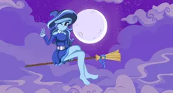 Size: 1600x862 | Tagged: safe, artist:amethystmajesty25, derpibooru import, oc, oc:azura brush, equestria girls, barefoot, broom, clothes, cloud, costume, feet, flying, flying broomstick, hat, magic, moon, night, nightmare night, nightmare night costume, not trixie, one eye closed, one eye open, stars, wink, witch, witch hat