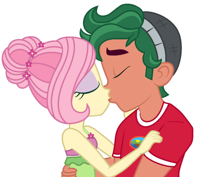 Size: 1024x875 | Tagged: safe, artist:jshepard19, derpibooru import, fluttershy, timber spruce, equestria girls, female, kissing, male, shipping, sleeveless, straight, timbershy