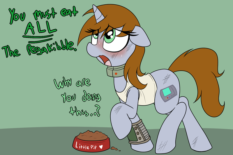 Size: 1500x1000 | Tagged: semi-grimdark, artist:datte-before-dawn, derpibooru import, oc, oc:littlepip, unofficial characters only, pony, unicorn, fallout equestria, fanfic, blushing, bomb collar, clothes, collar, cutie mark, fanfic art, female, femsub, floppy ears, food bowl, hooves, horn, humiliation, image, kibble, looking up, mare, meme, open mouth, pipbuck, png, raised hoof, shirt, slave, slave collar, solo, submissive, you have to eat all the eggs