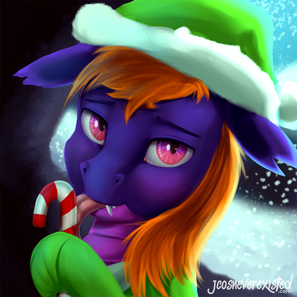 Size: 800x800 | Tagged: safe, artist:jcosneverexisted, derpibooru import, oc, oc:nebby, unofficial characters only, dragon, candy, candy cane, christmas, clothes, female, food, hat, holiday, looking at you, patreon, santa hat, snow, socks, tongue out