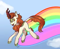 Size: 1280x1047 | Tagged: safe, artist:dark-drawz, derpibooru import, autumn blaze, kirin, sounds of silence, :p, cloud, cloven hooves, leonine tail, rainbow, silly, sky, solo, tongue out