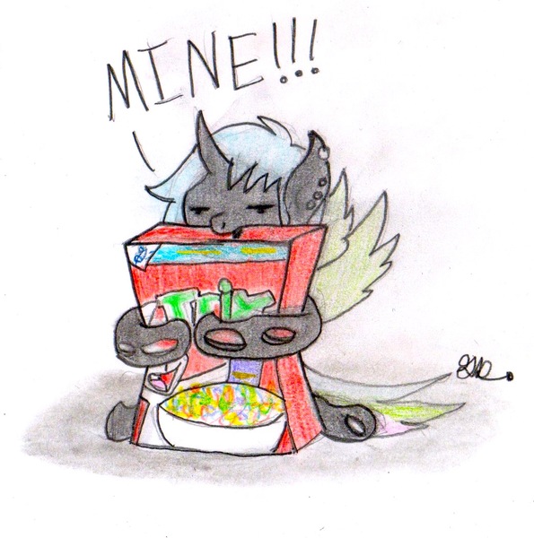 Size: 1045x1054 | Tagged: artist:brogararts, cereal, cereal box, changeling, changeling oc, derpibooru import, female, food, oc, safe, solo, traditional art, trix, unofficial characters only