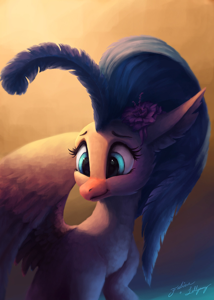 Size: 1000x1400 | Tagged: artist:faline-art, artist:lollipony, beautiful, blue eyes, cheek fluff, chest fluff, classical hippogriff, collaboration, cute, dark, derpibooru import, ear fluff, feather, female, flower, flower in hair, fluffy, hippogriff, leg fluff, looking down, my little pony: the movie, neck fluff, princess skystar, quadrupedal, safe, shoulder fluff, simple background, skyabetes, smiling, solo, wing fluff