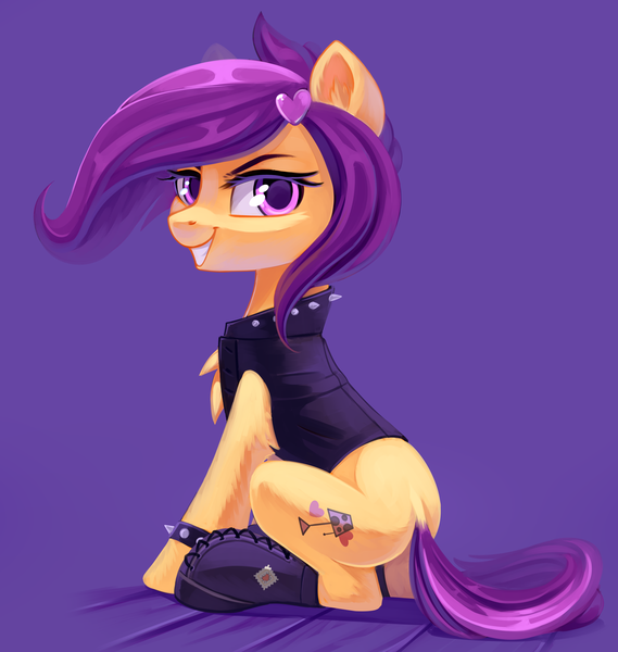 Size: 4176x4401 | Tagged: safe, artist:taneysha, derpibooru import, oc, oc:amethyst arkin, unofficial characters only, pony, absurd resolution, clothes, dock, female, gift art, grin, laces, leather, mare, on haunches, simple background, sitting, smiling, solo, spikes, vest