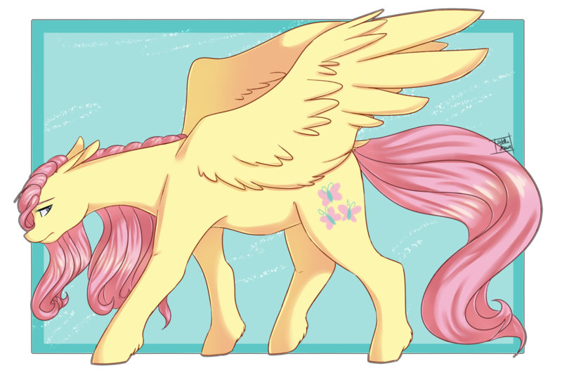 Size: 1280x855 | Tagged: safe, artist:stella-drawz, derpibooru import, fluttershy, pegasus, pony, cute, female, large wings, leg fluff, lidded eyes, long ears, mare, profile, shyabetes, solo, wings