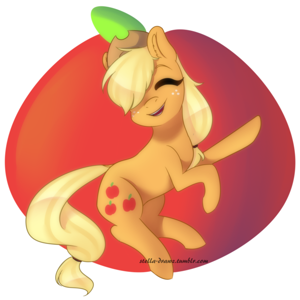 Size: 1280x1280 | Tagged: safe, artist:stella-drawz, derpibooru import, applejack, pony, apple, cute, dock, ear fluff, food, hair over one eye, jackabetes, open mouth, solo