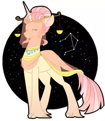 Size: 1280x1477 | Tagged: safe, artist:tacoanxietyflavor, derpibooru import, oc, oc:libra, classical unicorn, pony, unicorn, cloven hooves, constellation, jewelry, leonine tail, libra, necklace, scales, smiling, smirk, stars, unshorn fetlocks, veil, zodiac