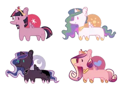 Size: 1200x900 | Tagged: safe, artist:ask-azalea-grey, derpibooru import, princess cadance, princess celestia, princess luna, twilight sparkle, twilight sparkle (alicorn), alicorn, pony, alicorn tetrarchy, beady eyes, chibi, crown, hoof shoes, jewelry, long, missing cutie mark, regalia