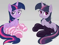 Size: 1280x960 | Tagged: suggestive, artist:colorfulcolor233, artist:deserter, color edit, derpibooru import, edit, mean twilight sparkle, twilight sparkle, twilight sparkle (alicorn), alicorn, pony, the mean 6, :3, bedroom eyes, blushing, butt, clone, clothes, colored, comparison, female, gray background, grin, latex, latex socks, looking at you, looking back, mare, plot, self ponidox, side, simple background, smiling, smirk, socks, striped socks, text, thigh highs, underhoof