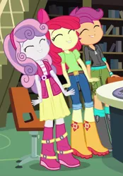 Size: 545x785 | Tagged: safe, derpibooru import, screencap, apple bloom, scootaloo, sweetie belle, equestria girls, equestria girls (movie), adorabloom, book, bookshelf, boots, chair, clothes, cropped, cute, cutealoo, cutie mark crusaders, diasweetes, female, jeans, library, monitor, pants, shoes, skirt, stairs, trio, trio female