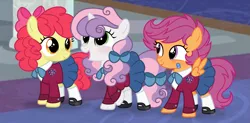 Size: 3025x1489 | Tagged: safe, artist:strawberry-spritz, derpibooru import, apple bloom, scootaloo, sweetie belle, earth pony, pegasus, pony, unicorn, adorabloom, alternate hairstyle, bandage, bandaid, clothes, curly hair, cute, cutealoo, cutie mark crusaders, diasweetes, freckles, friendship student, mary janes, open mouth, pigtails, pleated skirt, school of friendship, school outfit, school uniform, schoolgirl, shoes, skirt, socks, uniform