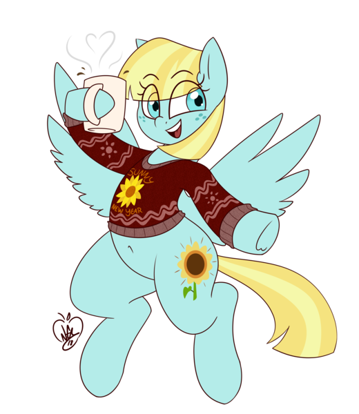Size: 2600x3000 | Tagged: safe, artist:notenoughapples, derpibooru import, helia, pony, belly button, chocolate, clothes, cute, eye clipping through hair, flying, food, heliadorable, hoof hold, hot chocolate, open mouth, simple background, smiling, solo, spread wings, ugly sweater, wings