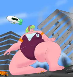 Size: 3600x3800 | Tagged: suggestive, artist:feyzer, derpibooru import, lemon zest, equestria girls, barefoot, bbw, blimp, breasts, building, bus, chubby, city, clothes, fat, feet, female, giantess, headphones, high res, huge, macro, obese, people, ssbbw, swimsuit