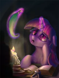 Size: 1882x2475 | Tagged: safe, artist:stratodraw, derpibooru import, twilight sparkle, pony, unicorn, candle, darkness, diary, female, fire, floppy ears, journal, levitation, magic, mare, open mouth, quill, solo, telekinesis, thinking, unicorn twilight