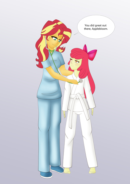 Size: 2369x3333 | Tagged: safe, artist:tigerssunshyn, derpibooru import, apple bloom, sunset shimmer, equestria girls, barefoot, checkup, cute, encouragement, feet, gi, karate, karatebloom, listening, nurse, nurse shimmer, scrubs, stethoscope