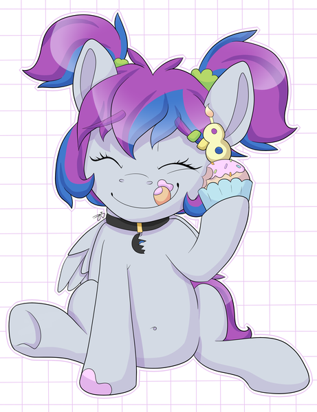 Size: 4342x5656 | Tagged: safe, artist:partylikeanartist, derpibooru import, oc, oc:aerial soundwaves, unofficial characters only, pony, absurd resolution, belly button, birthday, candle, choker, cupcake, food, happy birthday, ponytail, ponyvillefm, scrunchie, solo, tongue out