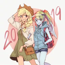 Size: 1334x1334 | Tagged: safe, artist:dcon, derpibooru import, applejack, rainbow dash, equestria girls, 2019, appledash, clothes, cowboy hat, female, freckles, happy new year, happy new year 2019, hat, holiday, hoodie, lesbian, shipping, shorts, smiling