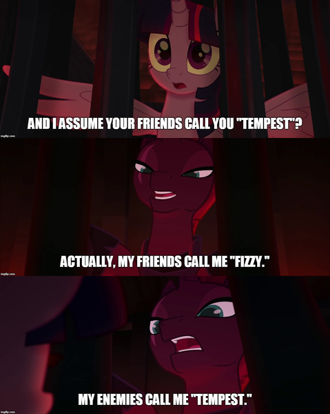 Size: 1194x1497 | Tagged: safe, derpibooru import, edit, edited screencap, screencap, fizzlepop berrytwist, tempest shadow, twilight sparkle, twilight sparkle (alicorn), alicorn, pony, my little pony: the movie, cage, caption, comic, image macro, meme, screencap comic, spider-man: into the spider-verse, text