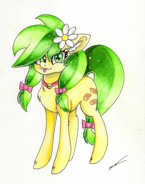 Size: 2371x3009 | Tagged: safe, artist:luxiwind, derpibooru import, apple fritter, earth pony, pony, apple family member, bow, flower, flower in hair, hair bow, solo, tail bow, tongue out, traditional art